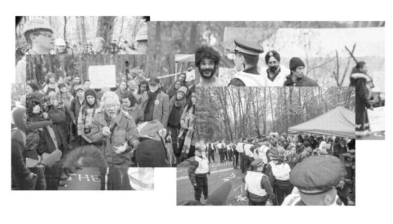 A collage of pictures of protests in black and white.