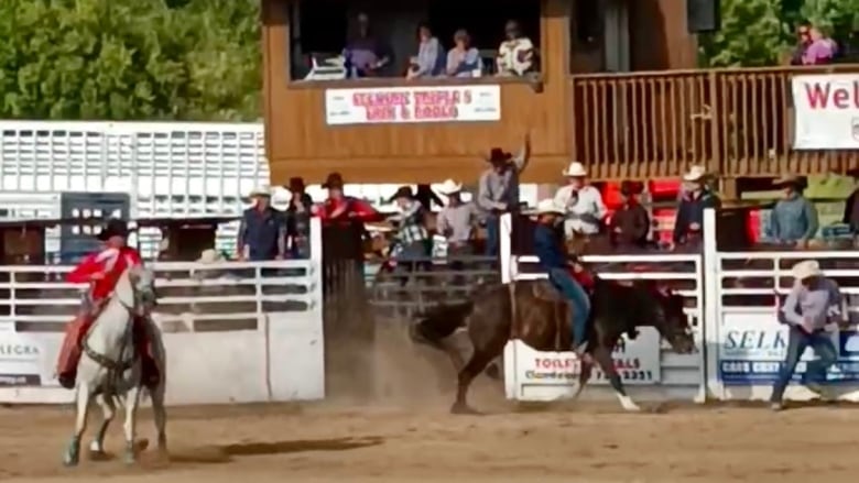 A man in a cowboy hat rides a bucking horse at a rodeo surrounded by a crowd of cowboys and officials on the other side of the fence.