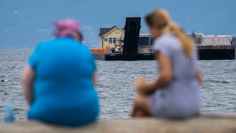 Two people are seen in silhouette sitting by the shore as a yellow schoolhouse passes by on the ocean.