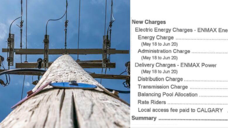 A collage: a power line on the left, part of a utility bill on the right