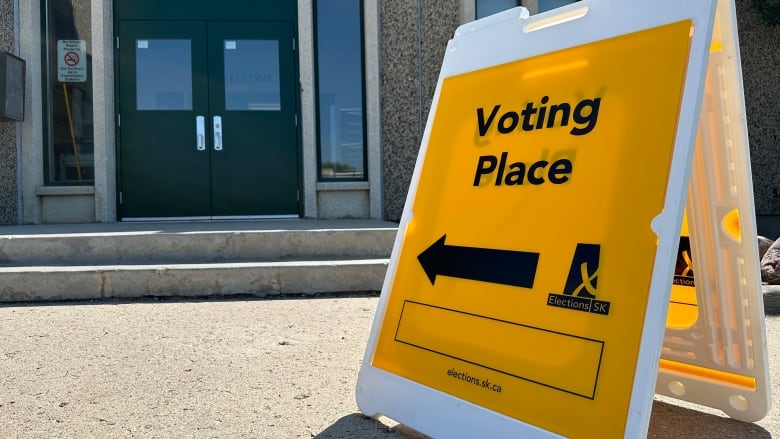 A sign in yellow that says voting place with an arrow marked towards a door.