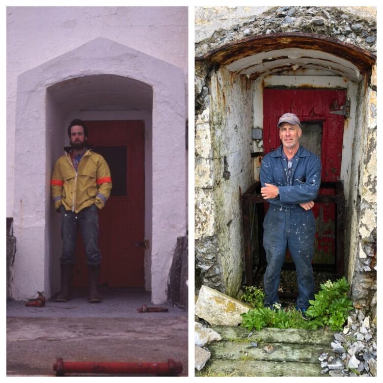 A split photo showing a man standing in a doorway on the left and a man standing in a doorway in rough condition on the right.