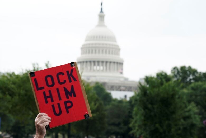 A protester holds a sign in front of the U.S. Capitol.