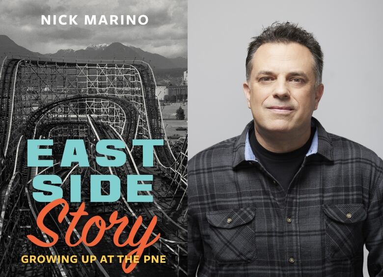 A book cover with a black and white photo of a rickety rollercoaster on the right and a portrait of a man dressed in a flannel shirt.