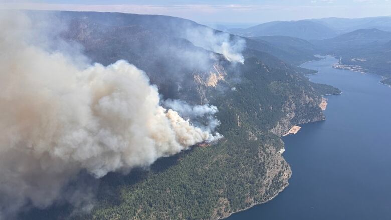 Grey smoke rises from a forested lakeside hill in a photo taken from an aircraft.