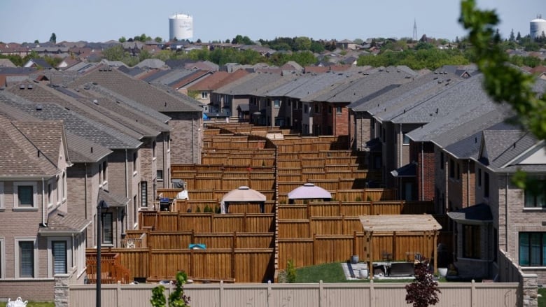 A side view of a housing development in Bradford West Gwillimbury, north of Toronto.