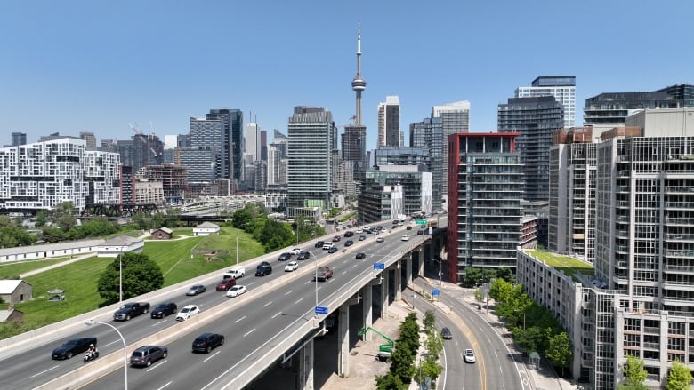 An aerial view of a portion of the Gardiner Expressway in downtown Toronto.