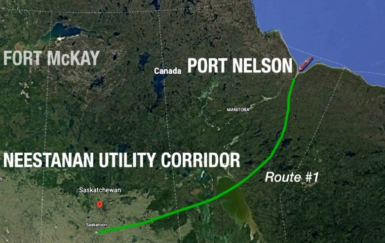 A map of the proposed NeeStaNan corridor suggests it would terminate at Port Nelson, a ghost town at the mouth of the Nelson River.