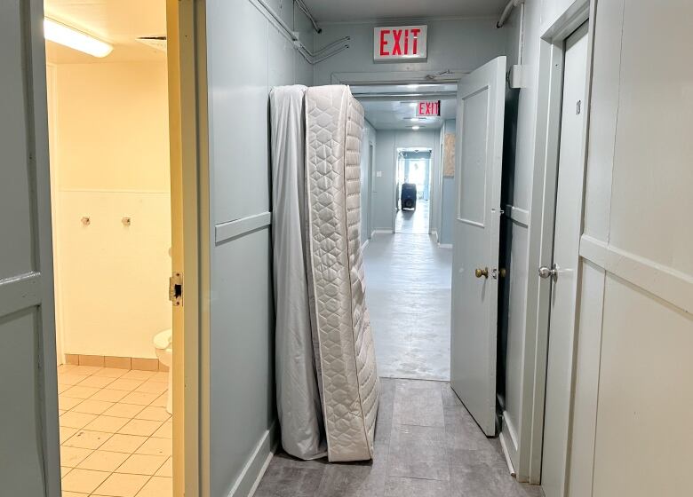 Two mattresses stand up in a hallway with a large dehumidifier machine seen in the distance.