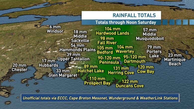 Rainfall totals map showing as much as 130 millimetres in some areas.