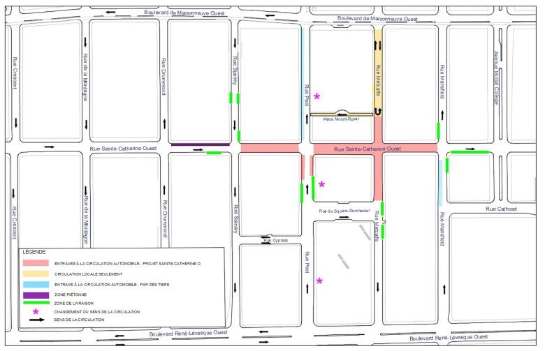 A map of construction in Montreal's downtown core. 