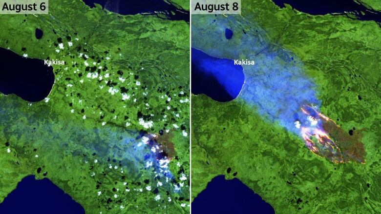 A satellite image using short-wave infrared shows the fire (brown area) near Kakisa, N.W.T., on Aug. 6. (left), and its substantial growth toward Kakisa on Aug. 8 (right).