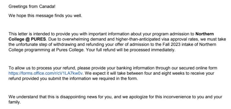 A letter sent to some 500 international students from Northern College outlining that their acceptance offers had been revoked. 