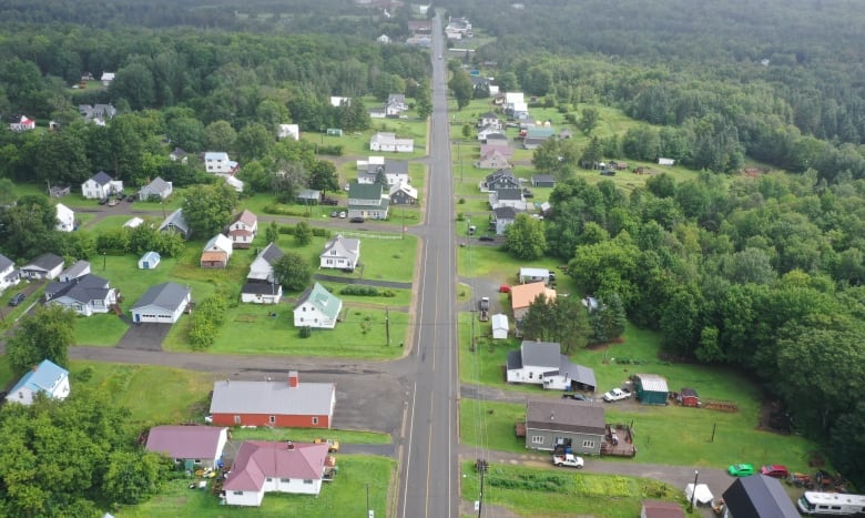 A drone shot of a community with rows of houses and a road running straight through the community.