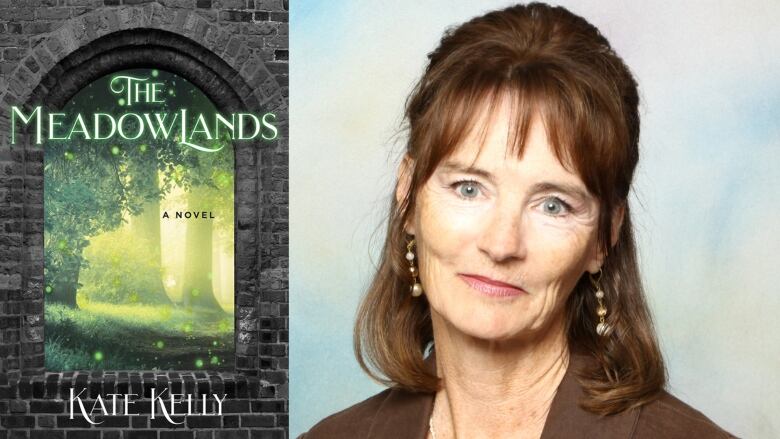 On the left, a book cover shows an open window to a forest. On the right, a woman with brown hair and earrings smiles into the camera.