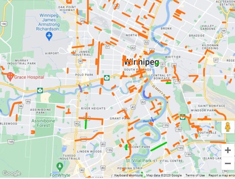 A Google map showing where road construction is happening in Winnipeg. The construction is highlighted by orange markings. 