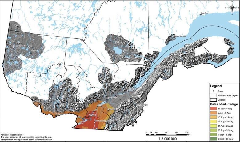 A map showing the projected peak occurrence date ranges for the brown marmorated stink bug in the 2041-2070 date range.