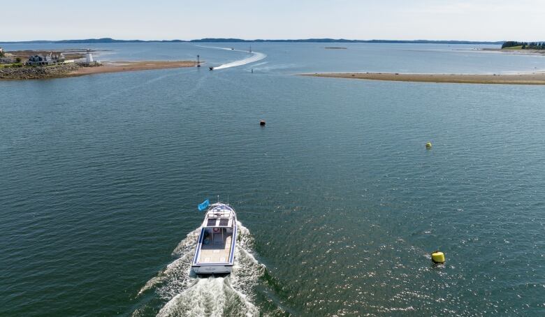 A boat drive out towards the open water. It is sunny and the water shines.