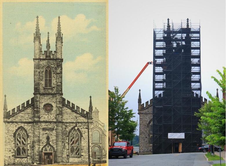 A composite photo of a vintage postcard showing a Gothic church and a contemporary photo of the same church covered in black scaffolding.