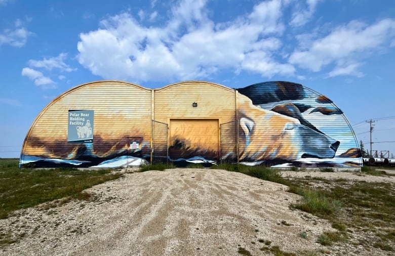 A triple quonset building adorned with a mural of a polar bear.