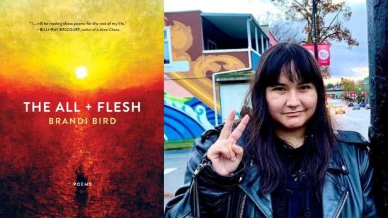 The All + Flesh by Brandi Bird. Illustrated book cover of a red sea and bright yellow sunset. Picture of an Indigenous writer with long black hair and bangs.