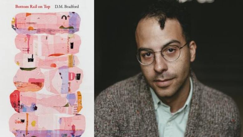 Bottom Rail on Top by D.M. Bradford. Illustrated book cover of pink and yellow abstract shapes. Portrait of a Black male author with wire-framed glasses.