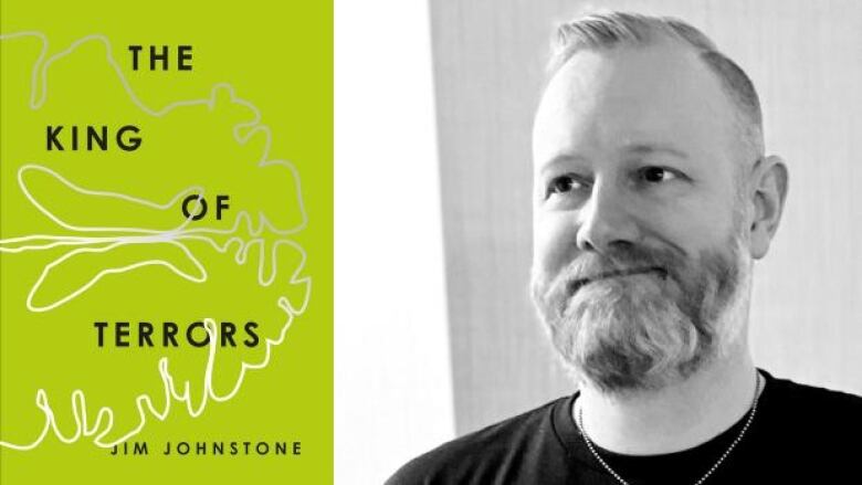 King of Terrors by Jim Johnstone. Graphic book cover with lime green background and silver scribbles. Black and white portrait of a white male poet with a short beard and short hair.