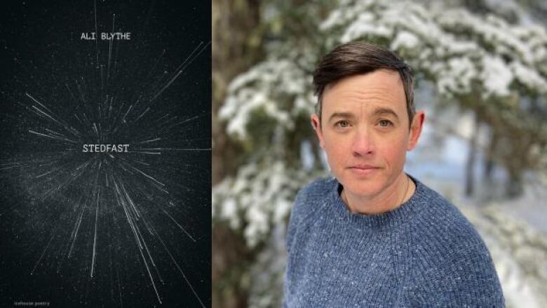 Stedfast by Ali Blythe. Book cover of a white firework on a black background. Portrait of a white poet with short brown hair.