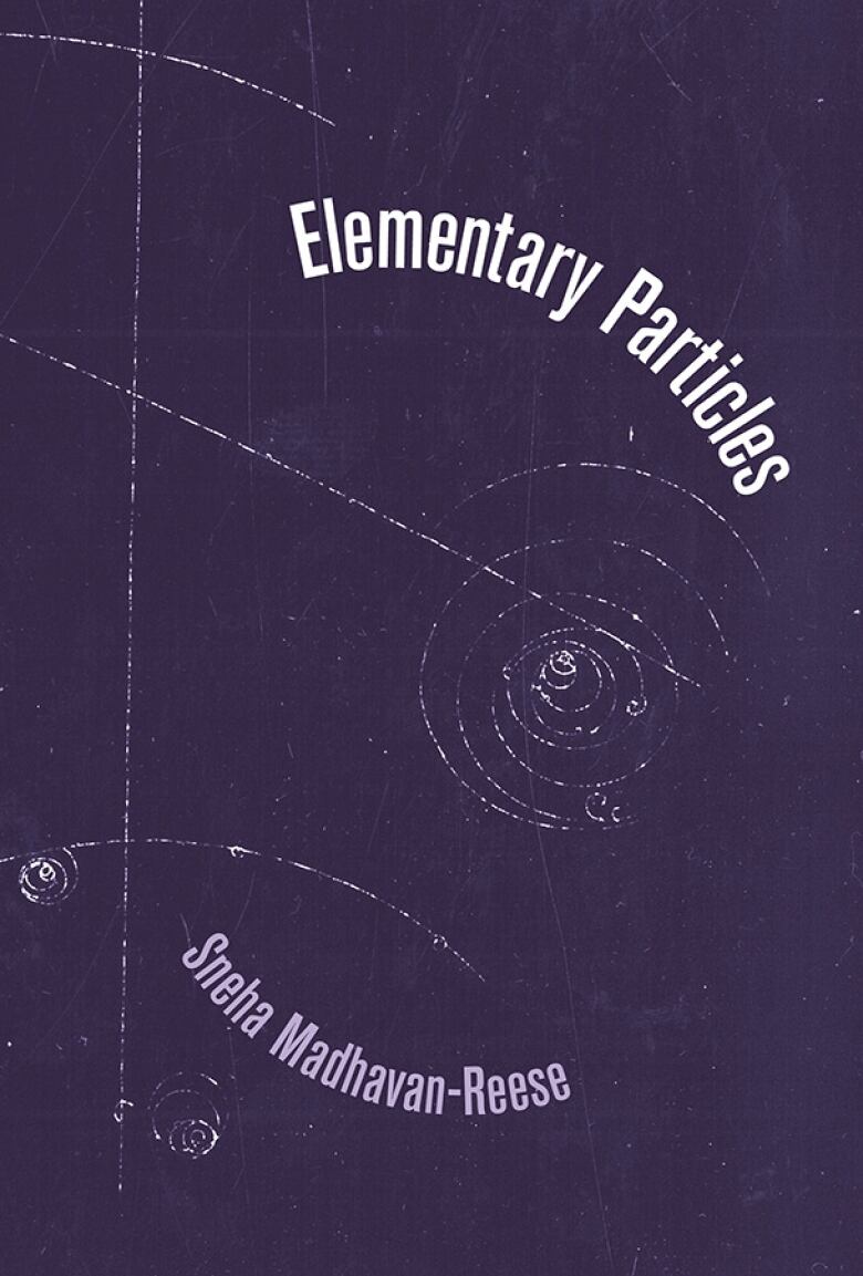 Elementary Particles by Sneha Madhavan-Reese. Book cover of a faint white spiral in the middle of a dark blue background.