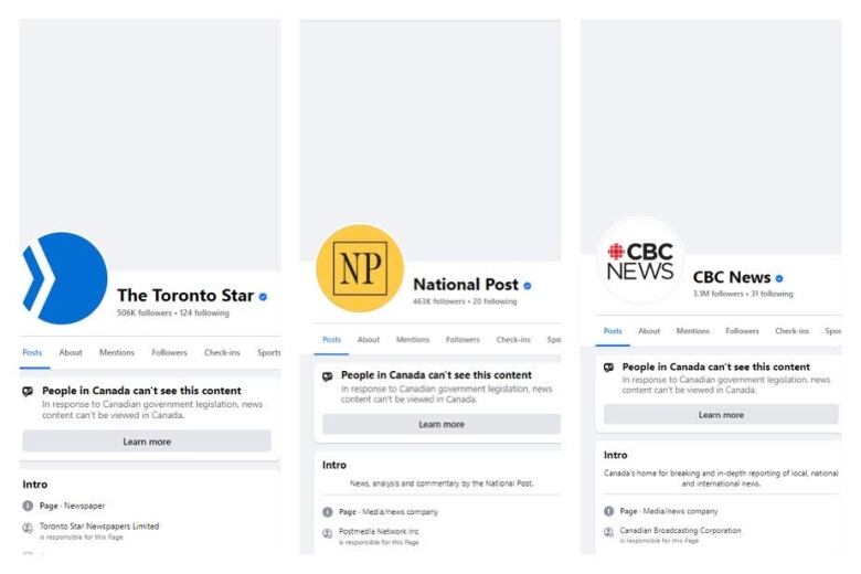 Major media outlets in Canada can no longer share news links on Facebook. Audiences are met with these messages when they visit their pages.