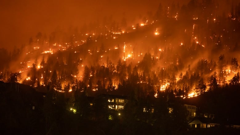 Homes near a wildfire as it burns in West Kelowna, B.C., early in the morning