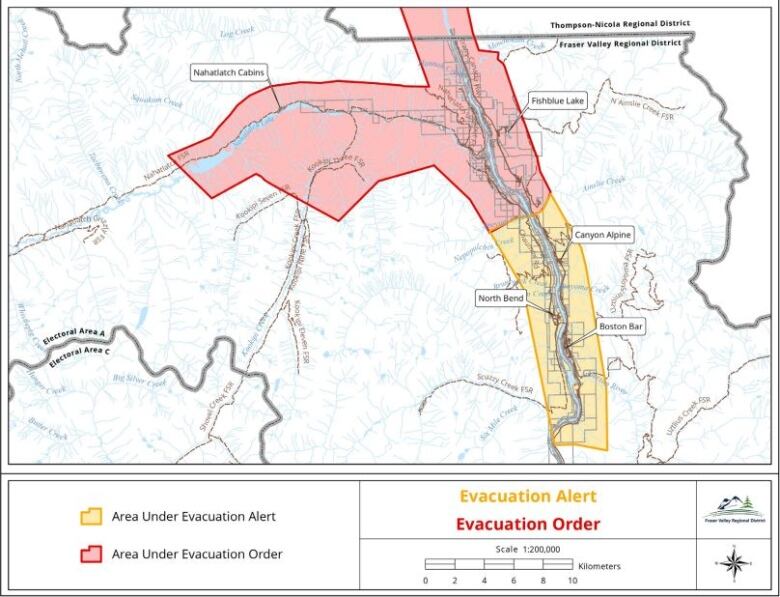 A map outlining the areas ordered to evacuate and those put on alert