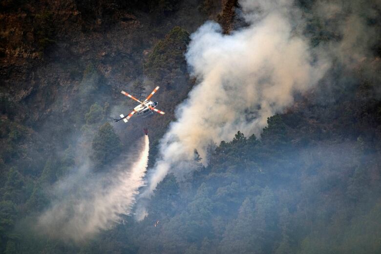 A helicopter drops water on a part of a wildfire burning near the Tenerife town of Pinolere on Saturday.