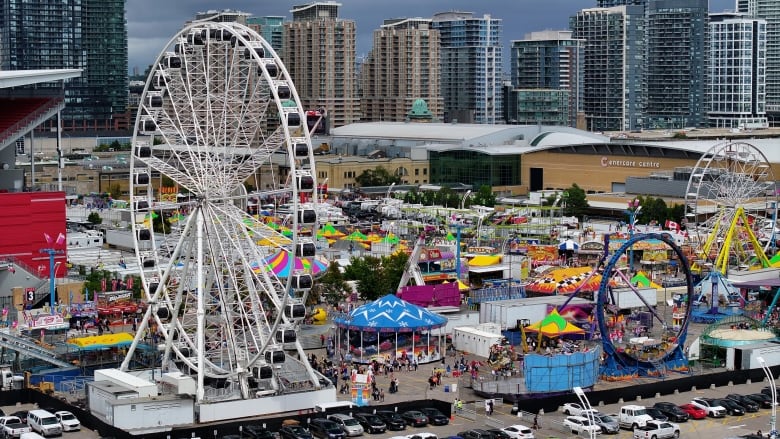 An aerial view by drone of the rides and the midway during the CNE's opening day.