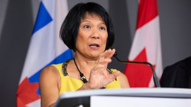 Toronto Mayor, Olivia Chow speaking to the press at City Hall on August 17, 2023.