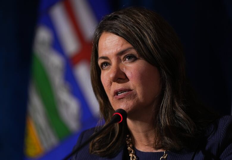 A woman is pictured speaking in front of a blurred flag.