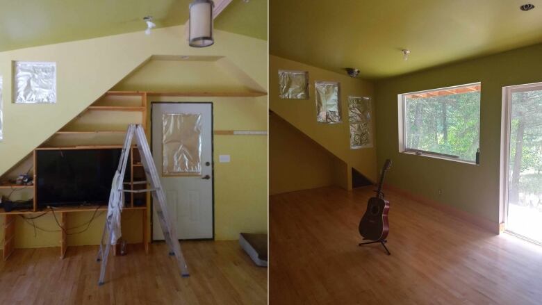 A composite of two rooms, under construction but nearing completion.