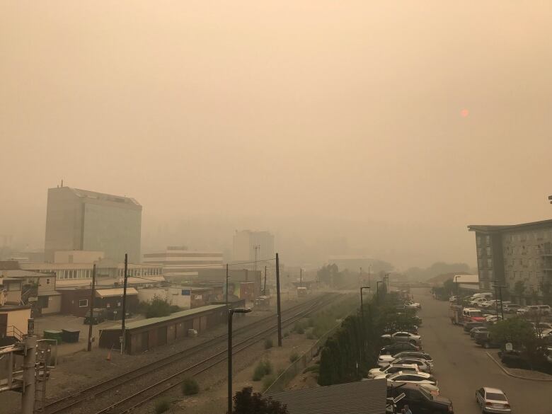 Smoke in downtown Kamloops, B.C. on Monday Aug. 21, 2023.