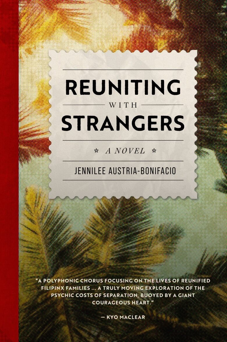 Reuniting With Stangers by Jennilee Austria-Bonifacio. A book cover with palm trees in the background and a postage stamp in the foreground. 