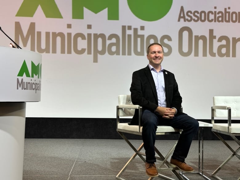 London, Ont., mayor Josh Morgan detailed the city's whole of community systems response to homelessness on the last day of the Association of Ontario Municipalities (AMO) conference in London on Aug. 23, 2023.