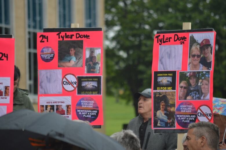 Signs in a crowd that say tyler dove with pictures