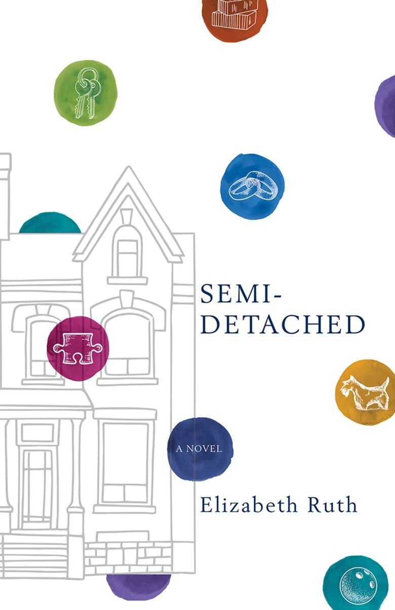 Semi-Detached by Elizabeth Ruth. A white book cover with various multicoloured spots. 