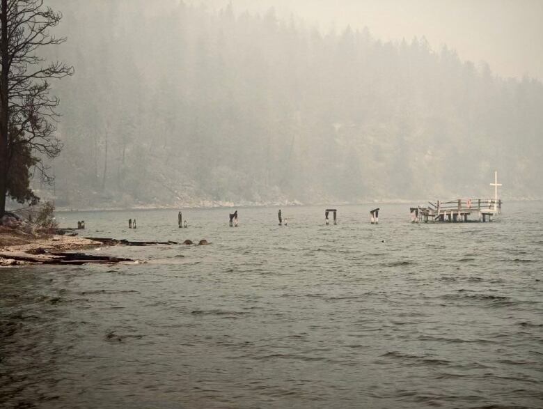 Wideshot of a skeleton dock with a white cross over a lake.