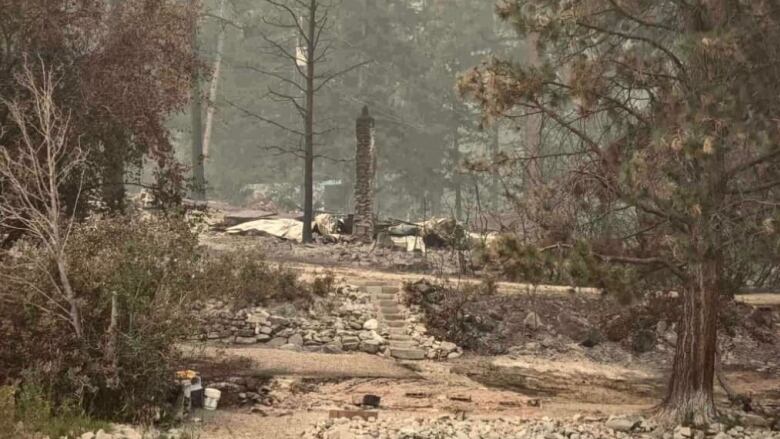 Wideshot of charred infrastructure on an open ground.