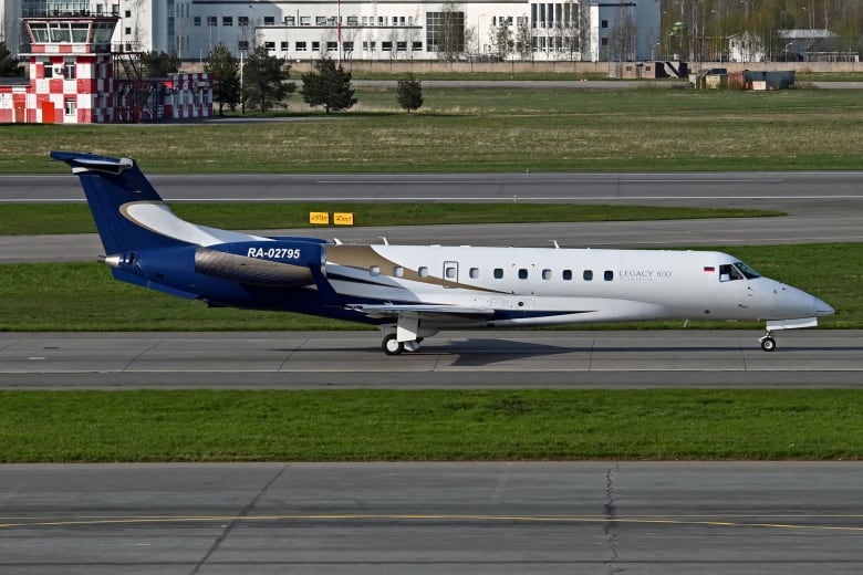 An Embraer Legacy 600 plane is seen at an airport in St. Petersburg, Russia, in May 2023.