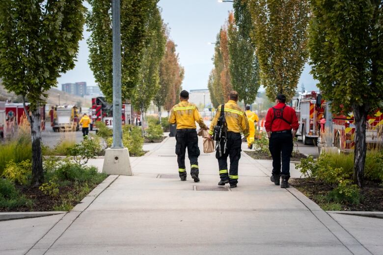 Three firefighters (two in yellow jackets, one in red) stand facing away from the camera on a walkway surrounded by trees on either side. Beyond the trees, ambulances. 