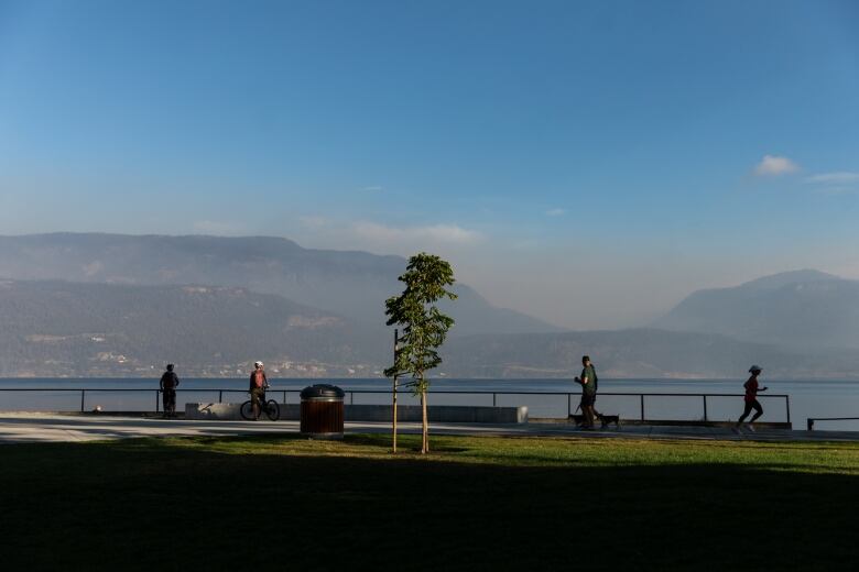 Cyclists and joggers are pictured on a waterfront area, with slightly hazy mountain views in the distance, across a blue lake.