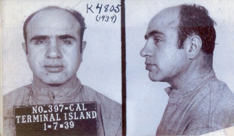 A balding man with thick eyebrows is pictured in a black-and-white mugshot.