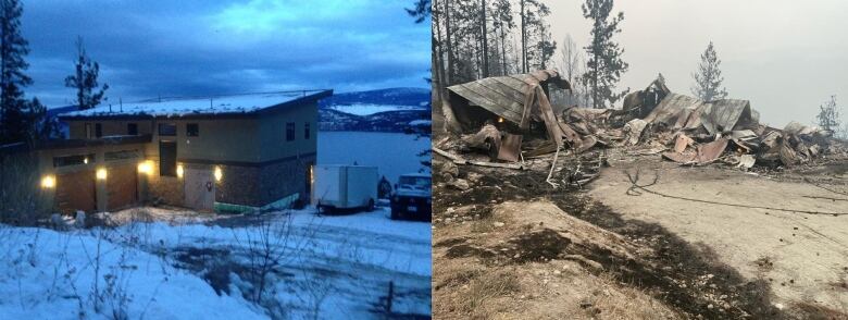 A side-by-side image shows one picture of a home on a property by the water and the second image is burned rubble on the ground, on the same property. 