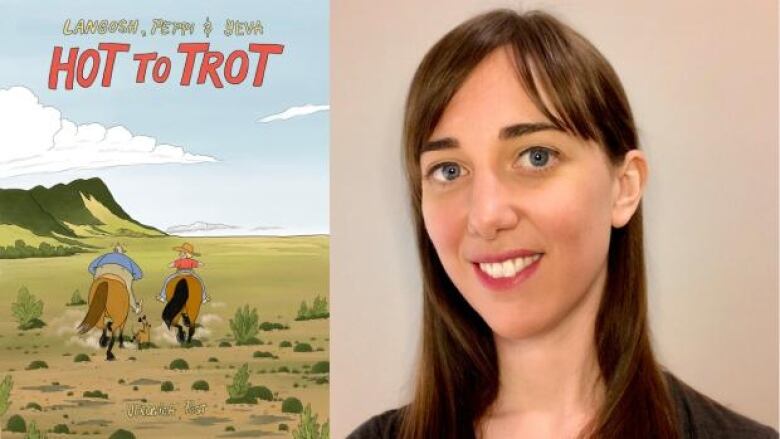 Hot to Trot by Veronica Post. Illustrated book cover of two people on horseback walking into a large stretch of green land with a mountain in the distance and a light blue sky above. Heashot of the author.